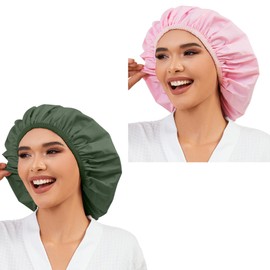 2PCS Shower Caps for Women, Reusable Waterproof Shower Cap with Elastic Band, Large Single Layer Shower Bonnet for Braids, Long Hair, Pink and Green