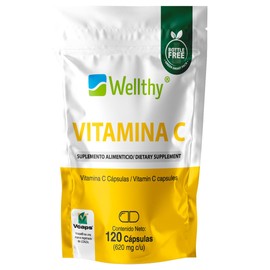 Wellthy Vitamina C 120 Cápsulas. 300mg, Solo 1 Cápsula al día, VCaps Capsulas Veganas, Bottle Free.