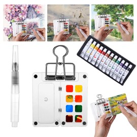 Mini Watercolor Paint Set, Mini Paint Pocket Artist Travel 8 Grid Acrylic Portable Watercolor Set with 12 Color Paint Watercolor Sketch Book Pen Clip for Painters Artist Students
