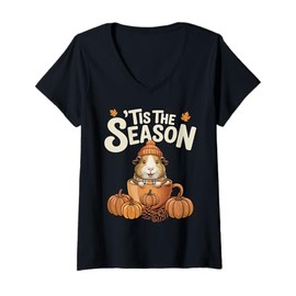 Womens Tis The Season Guinea Pig Fall Coffee Autumn Pumpkin Spice V-Neck T-Shirt
