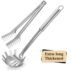 Pleafind Spaghetti Spoon and Spaghetti Tong - 12 Inch Extra-thick, Non-Stick Spaghetti Fork and Kitchen Tong, Easy Storage and Dishwasher Safe Utensils for Cooking, Ergonomic Design