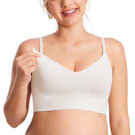 MOMANDA Ribbed Nursing Bras Women's Longline Sleep Breastfeeding Support Seamless Maternity Sports Bra V Neck Wireless Iceland White Large