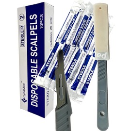 CYNAMED USA Disposable Scalpels with #15 High-Carbon Steel Blades, Plastic Handle, Sterile, Individually Foil Wrapped, Box of 10 pcs