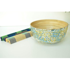 bamboo bowl, wooden round bowls, handmade wood fruit bowl sweet bowl fine quality decorative homeware glossy lacquer inlaid with egg shell in unique mosaic, aqua blue gold effect medium size