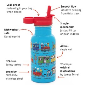 Tyrrell Katz Kids Trains Printed Drinking Bottle in Blue with Straw - Stainless Steel Dishwasher Safe Children's School Water Flask - 400 ml