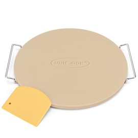 Unicook Round Pizza Stone for Oven and Grill 16 Inch, Oven Baking Stone for Bread, Cordierite Pizza Pan for Baking Crispy Pizzas, Bread and Cookies, Includes Carry Rack and Pizza Dough Scraper