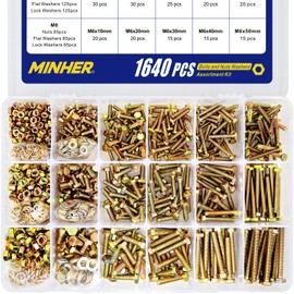 MINHER 1640PCS M4 M5 M6 Bolts and Nuts Assortment Kit Grade 8.8 Alloy Steel Hex Screws Nuts & Washers,Includes 15 Regular Sizes (Large Box)