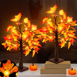 [ 2 Pack & Timer ] TURNMEON 18 Inch Fall Thanksgiving Lighted Maple Tree with 48 Orange Red Pumpkin Lights Battery Operated Artificial Tree Fall Decor Autumn Harvest Home Tabletop Indoor Decorations