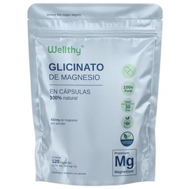 Wellthy Glicinato de Magnesio 120 Cápsulas. 432mg, 100% Natural, Alta Absorción, Cápsulas Veganas, Bottle Free.