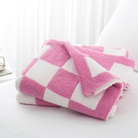 Carriediosa Checkered Throw Blanket 90" X 90" Queen, 400GSM Ultra Soft Microfiber Fuzzy Fluffy Reversible Cute Preppy Knitted Blankets Cozy Plush Fall Throws for Couch, Bed, Sofa, Hot Pink