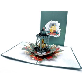 Christmas Lantern With Poinsettia Flowers 3D Pop Up Card, Holiday Greeting Card,