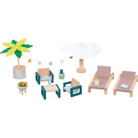 goki Mallorca 51476 Outdoor Furniture Set Wood, Perfect Addition to a Doll's House, Promotes Creativity of Little Doll Parents, Set of 17, from 3 Years