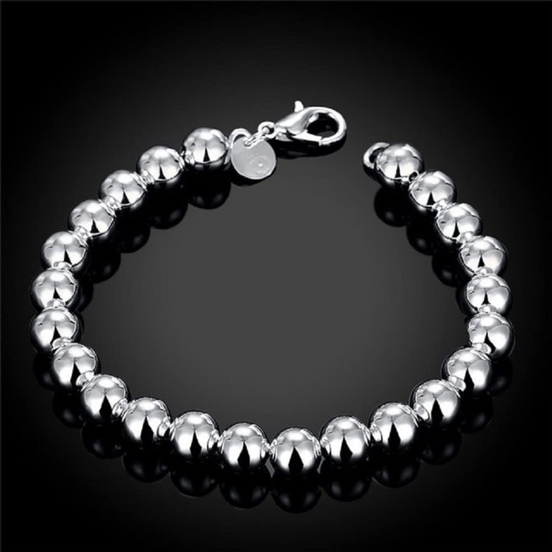 925 Sterling Silver Round Beads Bracelet, 8mm