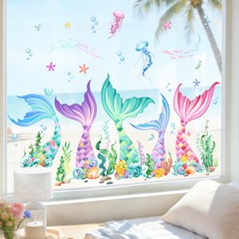 Supzone Mermaid Tail Static Window Clings Under The Sea Mermaid Bubble Seaweed Summer Window Decals Anti-Collision Glass Doors Mirror Stickers for Kids Girls Bedroom Bathroom Decorations