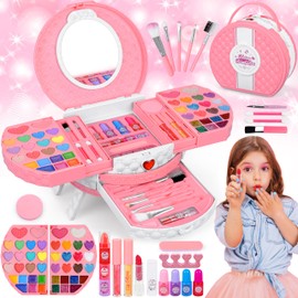 66 Pcs Kids Makeup Sets For Girls with Portable Stand,Make Up Starter Kit Children Princess Pretend Play Games Toys Presents,Little Girl Birthday Gifts Set For Age 3 4 5 6 7 8 9 10 11 12 Years Old