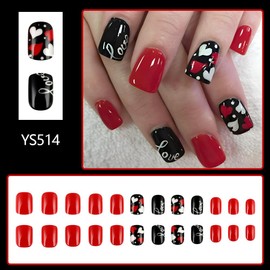 Short Press on Nails Square Valentine's Day Fake Nails Black Red Glue on Nails with Red and White Heart Design Full Cover False Nails Glossy Acrylic Nails Petite Stick on Nails for Women Girls 24 Pcs