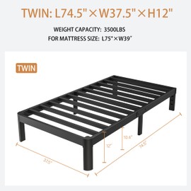 KZZLOL Black Twin Bed Frames 12 Inch, Metal Bed Frame Twin Size No Box Spring Needed, DIY Headboard Holes, Heavy Duty Steel Support 3500 LBS, Noiseless, Round Corner Leg, Storage Space, Easy Assembly