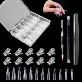 Ballerina Dual Nail Forms Set Poly Gel Quick Building Kit, 120pcs Ballerina Pointed Nail Molds with Storage Box, 10pcs Acrylic Nail Tips Clips, UV Gel Brush Spatulas and Double-side Nail File Beauties Factory UV Gel Polygel Acrylic Extension
