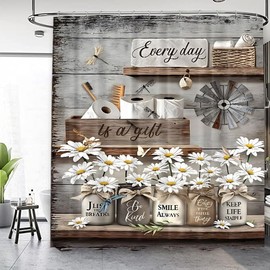 Famiffty Rustic Daisy Vintage Country Flower Shower Curtain 60Wx72L Inch Farmhouse Butterfly Brown Floral Wooden Plank Inspirational Cottage Style Bathroom Decor Waterproof Fabric 12 Plastic Hooks
