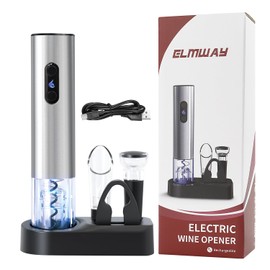 ELMWAY Electric Wine Opener Set, Rechargeable Wine Bottle Opener with Base/Wine Aerator Pourer/Foil Cutter/Wine Stopper/LED Indicator, Wine Corkscrew Remover, Automatic Wine Opener Gift (Silver)