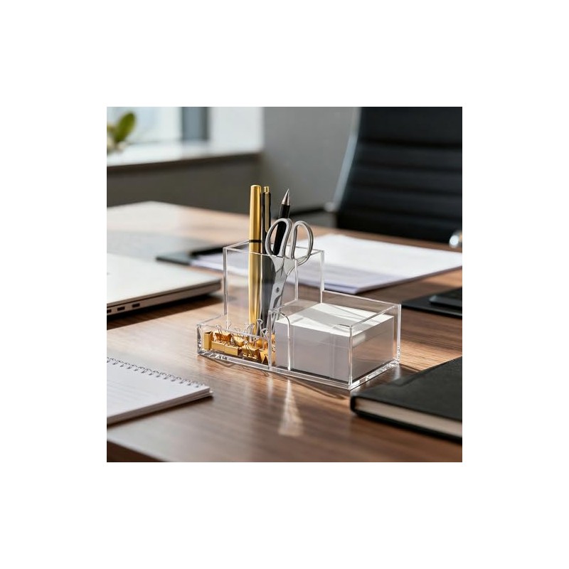 HBlife Acrylic Pen Holder - 3-Compartment Desk Organizer