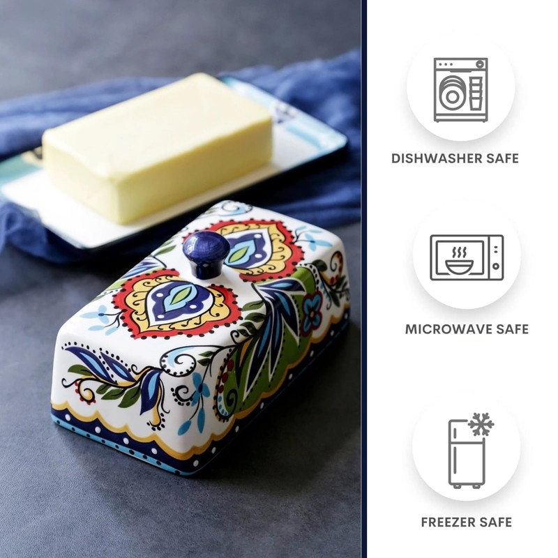Ceramic Butter Dish with Lid Bohemia Hand Drawn Butter Plate