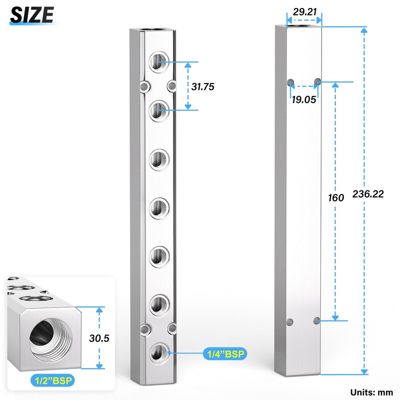 TAILONZ PNEUMATIC Silver 7-Way Pneumatic Shunt Aluminium Block Pneumatic Distributor