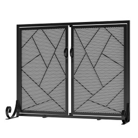 Fire Beauty Fireplace Screen with Hinged Doors Cast Iron Border Sturdy Steel Frame Durable Metal Mesh Decorative Spark Guard Black Finish(Large)