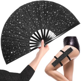 OMyTea Glitter Large Rave Clack Popping Fan for Line Dancing with Holster - 13'' Boots on The Ground Folding Hand Fan - for EDM, Music Festival, Hot Flashes, Party, Decoration (Black)