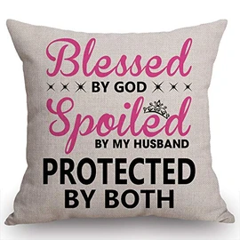 Swono Blessed by God Spoiled by My Husband Cotton Burlap Linen Throw Pillow Case Cushion Cover Sofa Outdoor Decorative Square 18X18 Inches