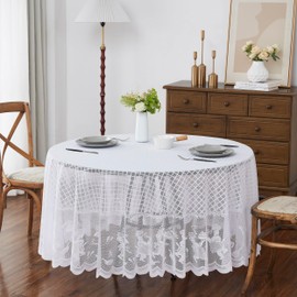 LinenZone 70 Inch Round Vintage Tablecloth. Each Lace Tablecloth Adds a Touch of Nostalgic Elegance to Your Farmhouse, Country, Shabby Chic or Rustic Table Decor. (Sherry Round 70, White)