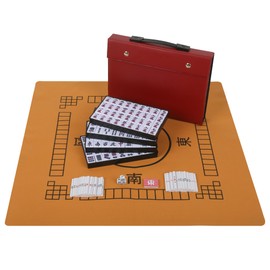 QYMZKA Japanese Riichi Mahjong Set, White and Yellow Tiles - with Red Box, East Wind Tile, Set of Scoring Sticks, Dices, and Mahjong mat.