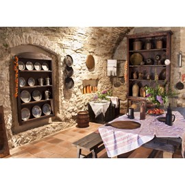 BELECO 2.1x1.5m Fabric Old Kitchen Backdrop for Photography Ancient Stone Wall Castle Kitchen Interior Cooking Utensils Dining Table Background Portrait Photoshoot Studio Photo Wall Mural