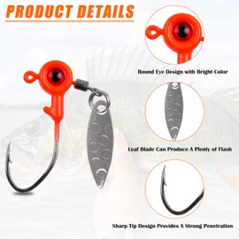 Crappie Jigs Big Eye Jig Heads, 16Pcs Flat Round Head Jig Hooks Spinner Blades Fishing Hooks Painted Fishing Jigs Lures for Bass Trout (Orange, 1/16oz)