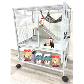 Two Tiers Large Ferret Hammock Chinchilla Guinea Pig Rabbit Mouse Critter Home Rolling Cage Tight 1/2-inch Bar Spacing Easy Clean Pull Out Grate Tray Water Bottle Food Bowl On Wheels
