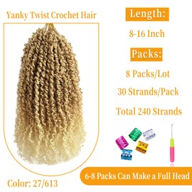 14 Inch Pre-Looped Yanky Twist Crochet Hair, 30 Strands/Pc, Mini Passion Twists, Senegalese Braiding Hair (27/613, 8 Pcs/Pack)