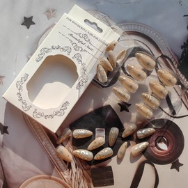 Silver Press on Nails Almond Fake Nails with Designs Glossy Nude Nails Press on Acrylic Nails Star Glue on Nails Medium Length Stick on Nails Snake False Nails Sun Moon Artificial Nails for Women