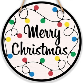 10 Inches Christmas Wooden Wall Decor, Merry Christmas Colorful Lights - Funny Hanging Sign For Front Door, Porch, Farmhouse Rustic Home & Office Decorations - A04