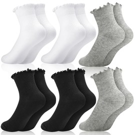Lvefyti 6 Pairs of Ruffle Socks Women's Cotton Socks Soft Comfortable Breathable Knitted Socks Elegant Princess Socks Ankle Socks for Women Girls Women, Black, white, grey