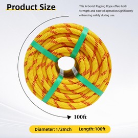 XINSHUNCAN Arborist Rope, 1/2 Inch x 100 Feet Double Braided Climbing Rope Polyester for Outdoor, Climbing, Hiking, Swing, Tree Work, Halyard, Sailing etc(Yellow)