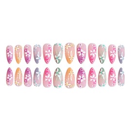 Cute French Tip Press on Nails Medium Almond Fake Nails with Designs Colorful Flowers Glue on Nails Summer Acrylic Nails Reusable Artificial Nails Full Cover Stick on Nails for Women 24Pcs