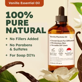 Kukka Vanilla Essential Oil for Diffuser & Skin - 4 Fl Oz - 100% Natural Vanilla Oleoresin Essential Oil - Long Lasting Perfume - Soap Making Scent & DIY