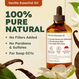 Kukka Vanilla Essential Oil for Diffuser & Skin - 4 Fl Oz - 100% Natural Vanilla Oleoresin Essential Oil - Long Lasting Perfume - Soap Making Scent & DIY