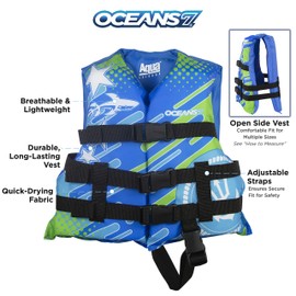 Oceans7 US Coast Guard-Approved, Type III – Kids Life Jacket – Personal Flotation Device with Comfortable Flex-Form-Fit Open-Sided Design – Blue/White