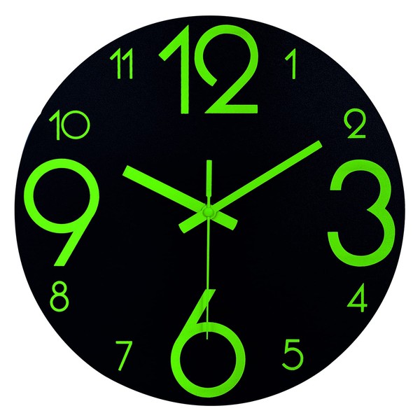 Plumeet Luminous Wall Clock - 30cm Silent Wooden Clock with Luminescence - Large Decorative Wall Clock for Kitchen Office Bedroom (Black)