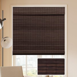 LUCKUP Cordless Bamboo Roman Blinds Shades for Indoor Windows-Blackout Room Darkening Roman Blinds with 6" Valance Cover Enhanced Privacy, 28" W x 64" H