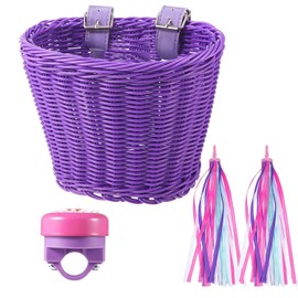 Children's Bicycle Basket, Braided Bicycle Basket for Girls and Children, Front, Plastic, with Leather Straps, Streamers, Bell, Bicycle Decoration Accessory Set for Girls