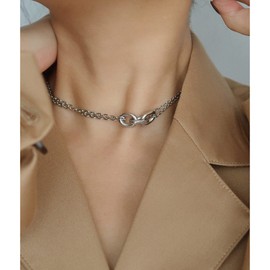 I'S ISAACSONG Statement 14k Gold Plated 4mm Thick Oval Chain Link Choker Collar Necklaces and Link Chain Bracelets Chunky Gold Jewelry Set for Women (Silver Layered Chain Choker)