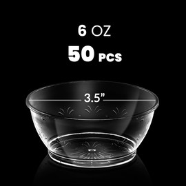 Clear Mini Plastic Bowls - (Bulk 50 Pack) 6 Oz Disposable Premium Hard Plastic Dessert Bowls for Serving, Weddings, Catering, Parties, Ice Cream, Salsa, Home or Event Party Supplies
