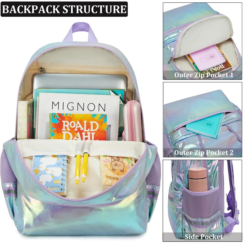 JIANYA Backpack for Girls Iridescent School Backpack Set